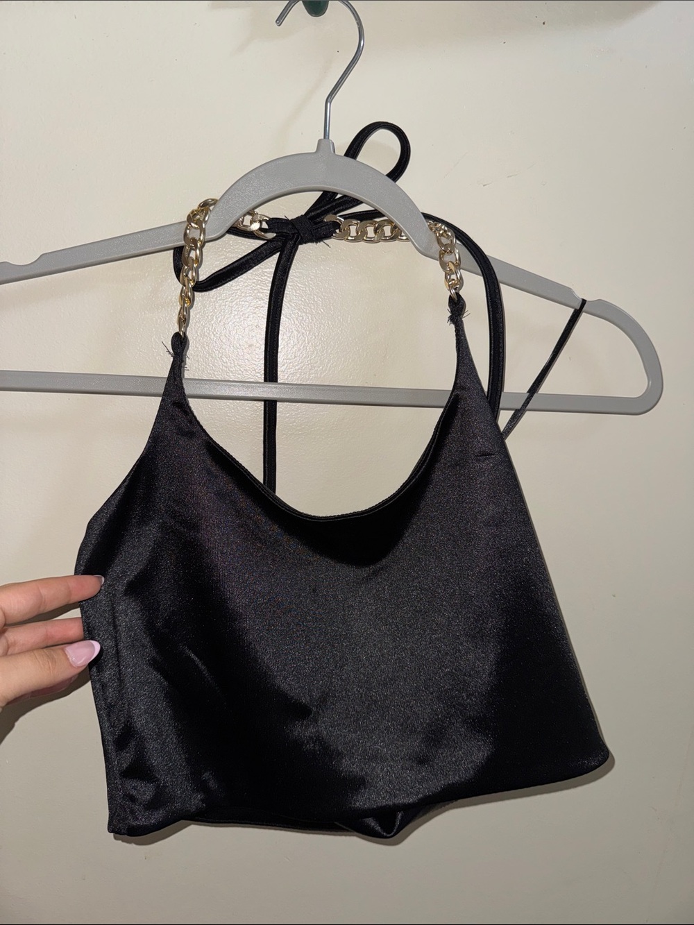 Black Satin Chain Strap Halter Top